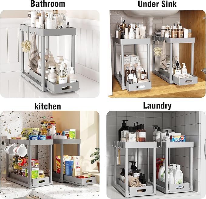 2 Pack Pull-Out Storage Organizers, Under Sink Organizer and Storage for Bathroom & Kitchen,Multi-Purpose Under Cabinet Organizers and storage Black