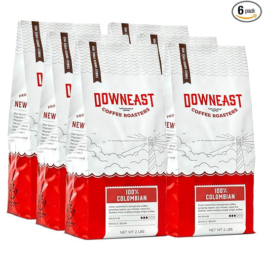 Downeast Coffee Roasters Whole Bean Coffee - 100% Colombian, Medium Roast, 100% Arabica Coffee - Dark Chocolate - Select Central and South American Highlands Ground (2lb Bag, Pack of 6)