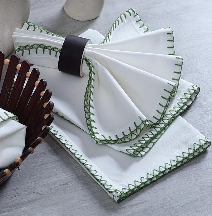 Bedding Craft Cotton Cloth Dinner Napkins Set of 12 – 18x18 Salted Lime Green Cloth Napkins with Blanket Stitch Selvedge – Durable Washable Wedding Napkins for Dining Table, Banquets & Everyday Use