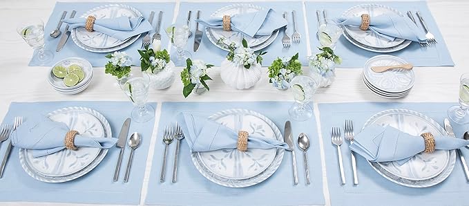 Solino Home Linen Placemats Set of 4 - Classic Hemstitch Sky Blue Placemats 14 x 19 Inch - 100% Pure Linen Table Mats for Christmas, Holiday