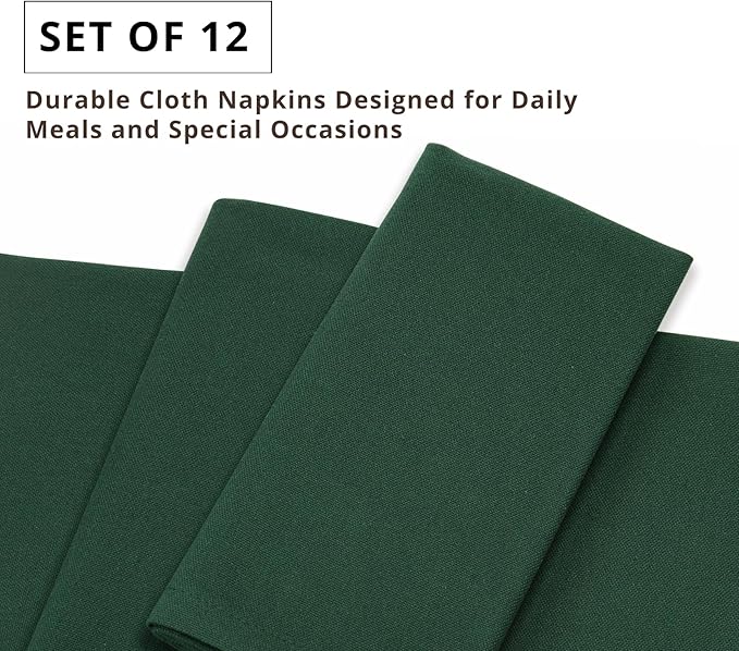 PurpleEssences Set of 12 Cloth Dinner Napkins 100% Cotton 18x18 Inch - Soft Durable Washable - Ideal for Farmhouse Party Christmas Holiday Winter - Perfect Everyday Use Table Linen - Forest Green