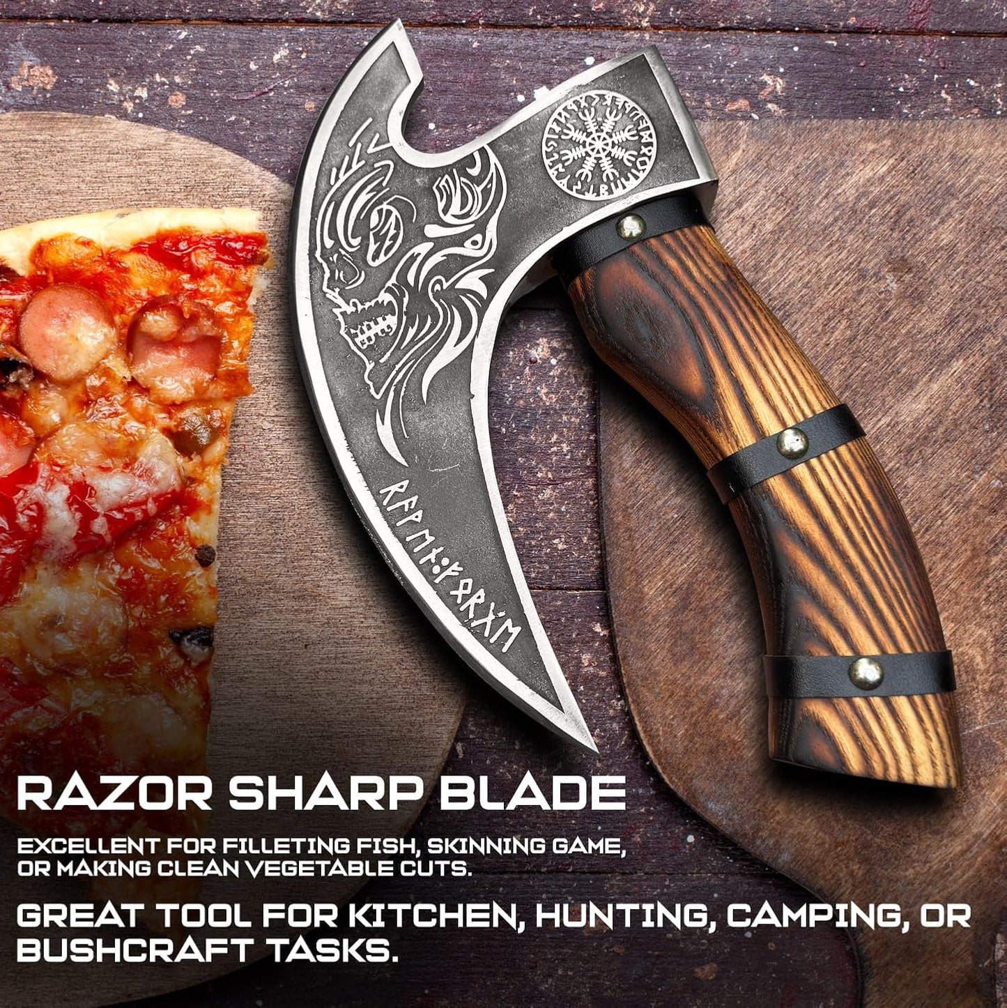 Viking Style Pizza Cutter Handmade Ulu Rocker Knife with Engraved Blade Durable Wooden Handle with Leather Grip Includes Leather Sheath