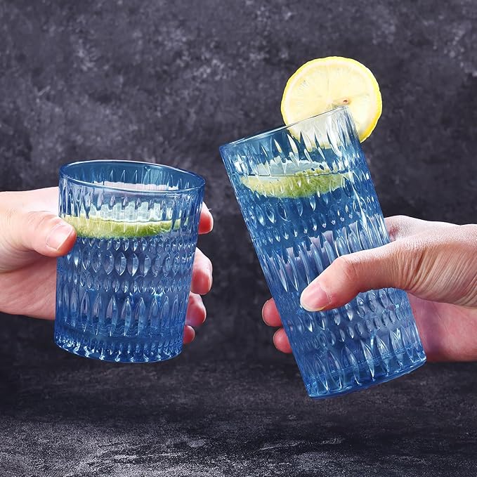 Glassware Drinking Glasses Set of 8, 14 oz Highball Glasses & 10 oz Ribbed Glass Cups, Vintage Glassware for Water, Juice, Cocktail, Whiskey (Blue)