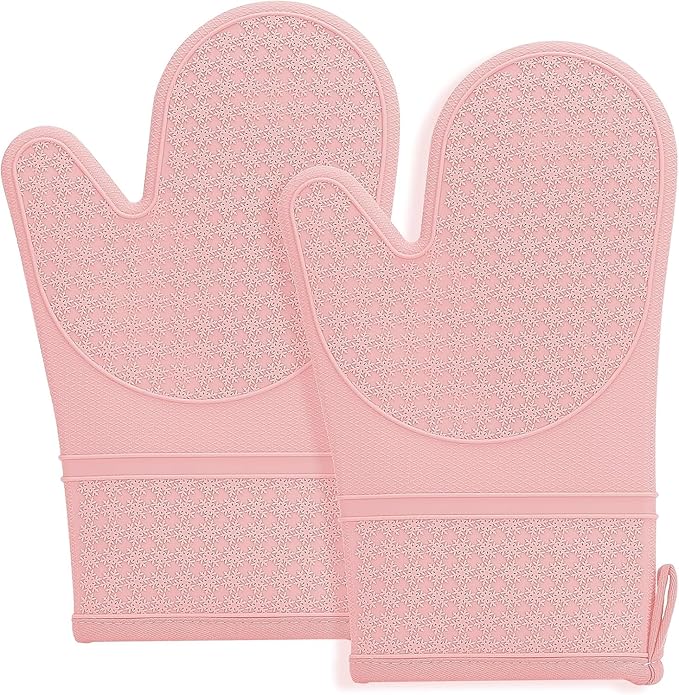 Hovico Silicone Oven Mitts, Heat Resistant 500F Kitchen Mitts 2PCS, 11.6" BPA-Free Soft Baking Gloves, Non-Slip Grip Oven Gloves with Soft Cotton Lining for Kitchen Cooking Baking BBQ - Pink