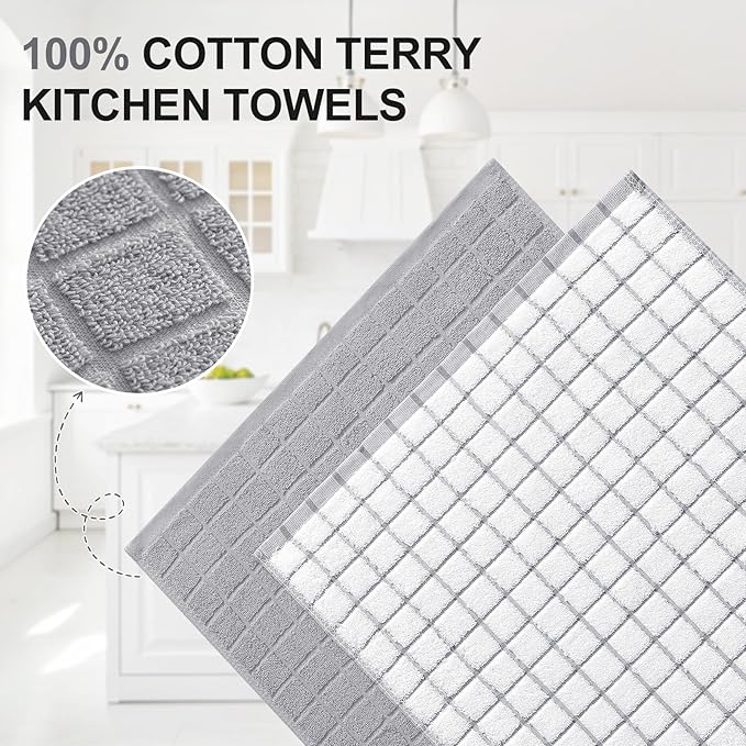 Homaxy Premium Cotton kitchen towels 16"x 28", Large Natural Ring Spun 390 GSM Dish Towels, Super Absorbent Terry Kitchen Hand Towels, Soft Tea Towel with Hanging Loop, Light Grey Check Design, 6 Pack