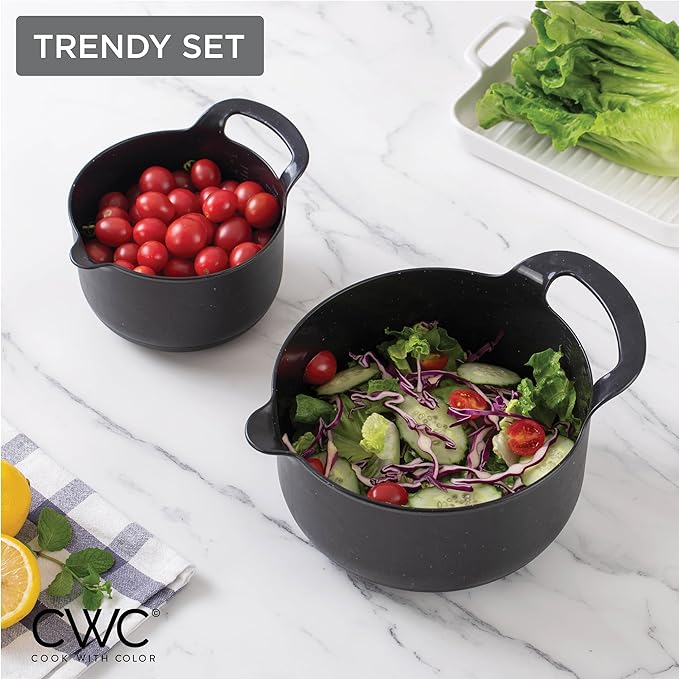 COOK WITH COLOR Nesting Plastic Mixing Bowl Set with Pour Spouts and Handles, Black Speckled, 4 Piece Non-Slip