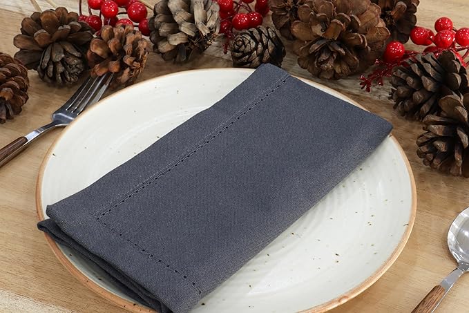 PurpleEssences Set of 12 Hemstitch Cloth Dinner Napkins 100% Cotton - Soft Durable Washable - Ideal for Wedding Christmas Holiday Winter - Perfect Everyday Use Table Linen 18x18 - Dark Gray