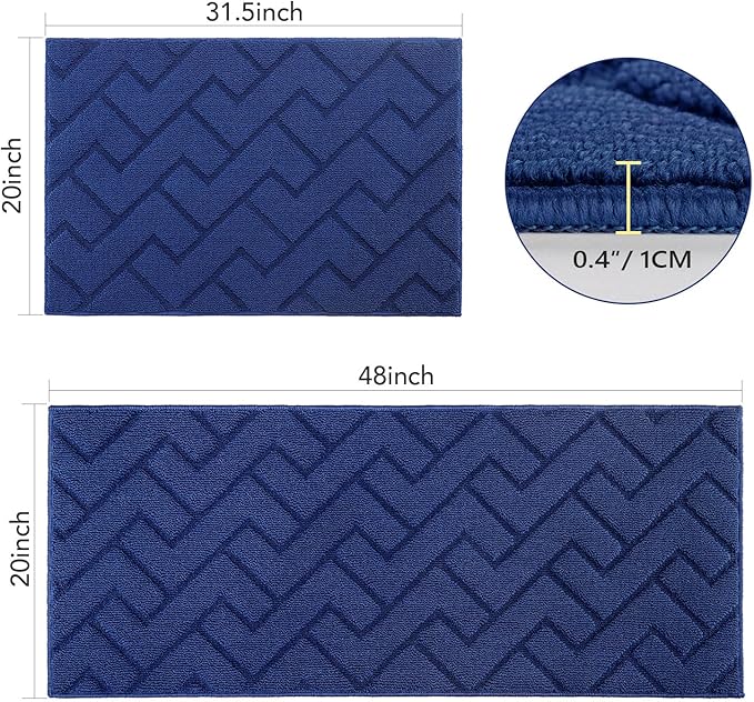 hicorfe Kitchen Rugs and Mats Sets,2 Pieces Super Absorbent Polypropylene Non-Slip Rug,Soft Comfort Floor Mat,Washable for Kitchen,Hallway,Office,Sink,Laundry(20" x 31.5"+20" x 48",Navy Blue)