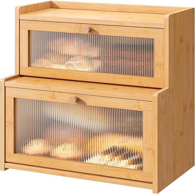 FILWH Bread Box for Kitchen Countertop Double Layer Large Corner Bread Box Capacity Bread Storage Bin Farmhouse Breadbox Container Organizer Cabinet Cupboard Nature