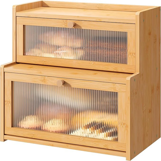 FILWH Bread Box for Kitchen Countertop Double Layer Large Corner Bread Box Capacity Bread Storage Bin Farmhouse Breadbox Container Organizer Cabinet Cupboard Nature