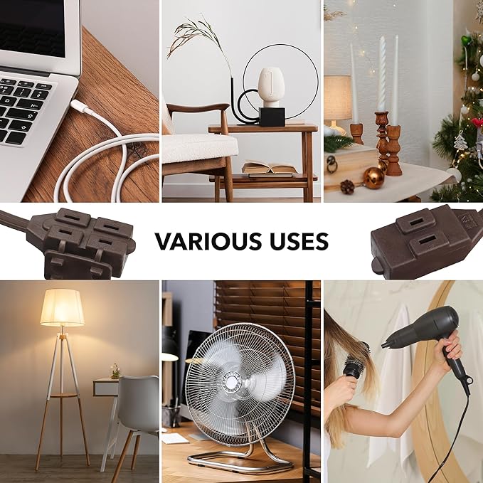 HBN Indoor Extension Cord 6ft 3 Pack Brown, 3 Outlets with Safety Cap Included, 2 Prong Polarized Plug, Perfect for Homes, Offices, and Kitchens