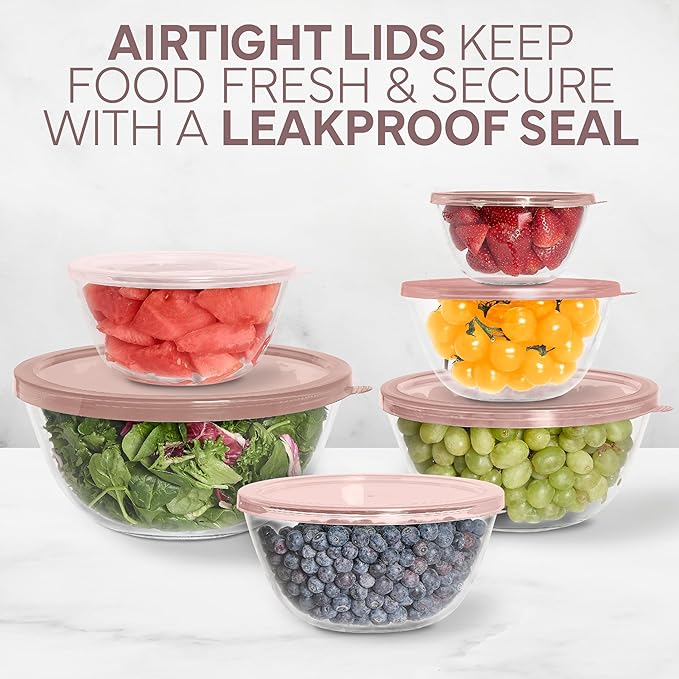 COOK WITH COLOR 12 Pc Glass Mixing Bowl Set with Lids – Borosilicate Glass Nesting Bowls for Cooking, Baking and Meal Prep, Pink