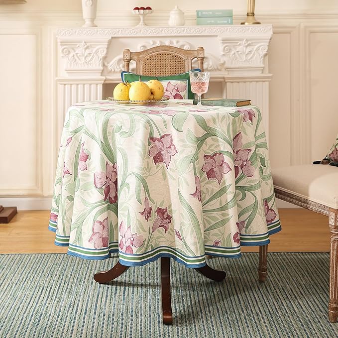 patdrea Designer Purple Tablecloth for Round Tables,Framhouse Linen Violets and Leaves Pattern Linen Tablecloth,Elegant Floral Table Cover Cloth Decor for Kitchen Dining Christmas,Diameter 67"