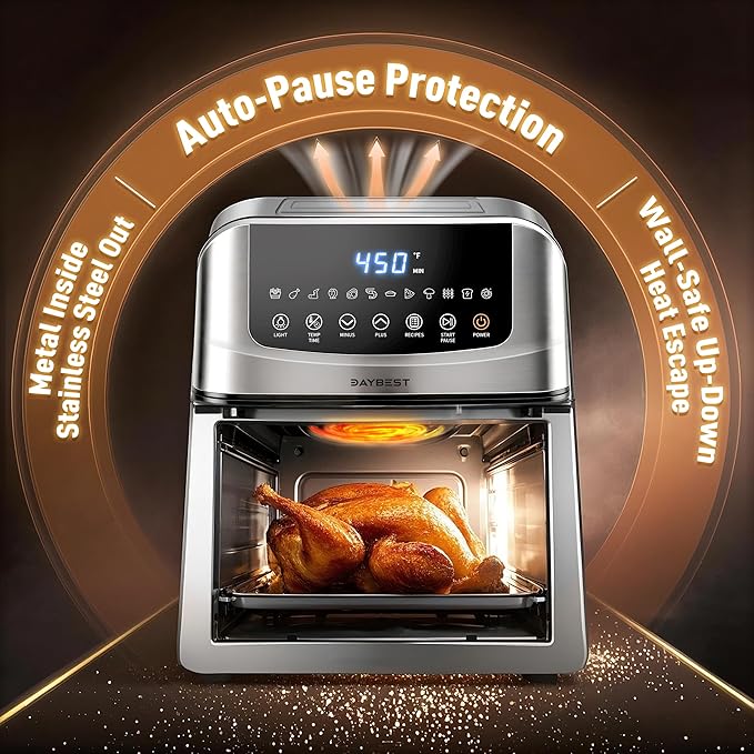 6QT Air Fryer, 2-3 Servings, 12-in-1 Dual Heats Stainless Steel & Full Metal Housing, Deep Basket with PFAS & PTFE-Free Premium Ceramic Coating, 1700W, DAYBEST Dishwasher Safe Kits (Silver)