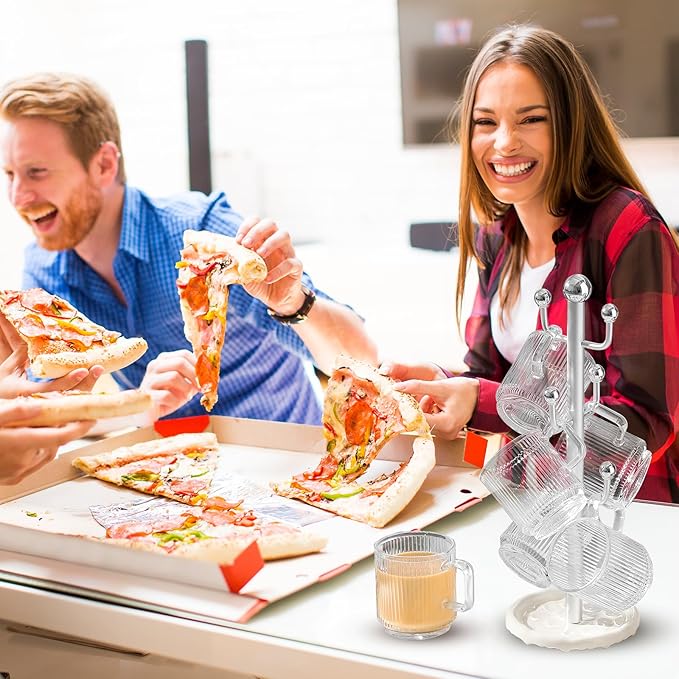 6 High-End Glass Coffee Mugs with Handles and Cup Holders, 12 Ounce Classic Vertical Striped Glass Mugs for Hot and Cold Drinks, American Style, Latte, Cappuccino