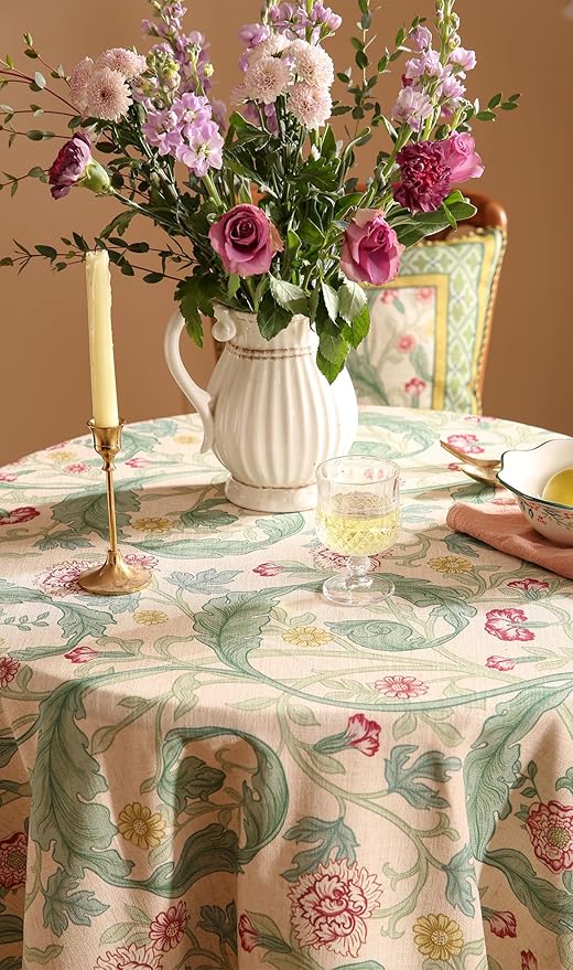 patdrea Designer Green Tablecloth for Round Tables,Vintage Linen with Leaves and Flowers Pattern Tablecloths,Farmhouse Floral Table Cover Cloth Decor for Kitchen Dining Christmas,Diameter 67"