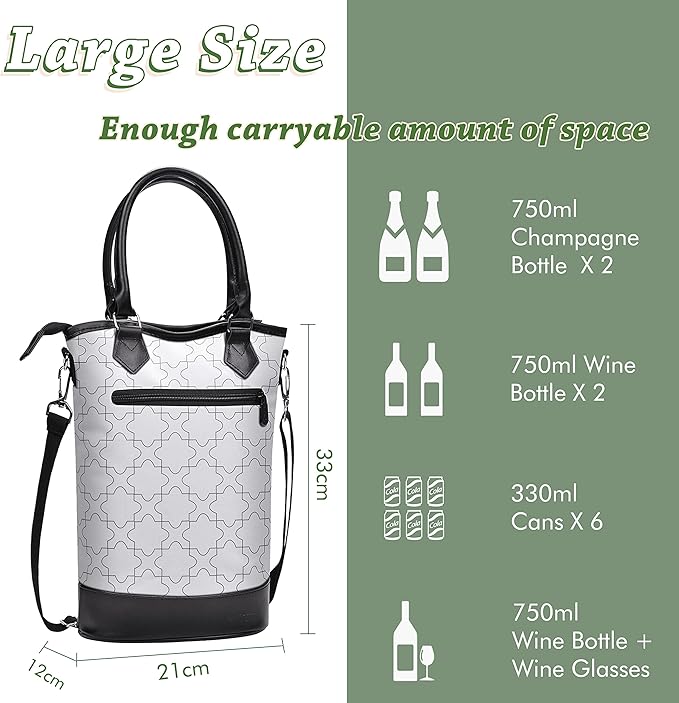 Tirrinia Insulated Wine Gift Carrier Tote - Travel Padded 2 Bottle Wine/Champagne Cooler Bag for Portable Wine Bottle Carrying Case, Women Men Wine Party Bag for Event,BYOB,Beach, Gift for Wine