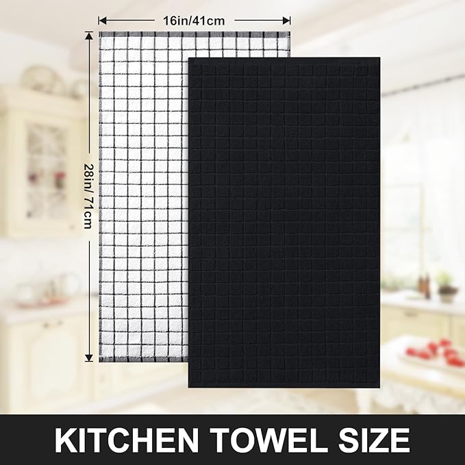 Homaxy Premium Cotton Kitchen Towels 16"x 28", Large Natural Ring Spun 390 GSM Dish Towels, Super Absorbent Terry Kitchen Hand Towels, Soft Tea Towel with Hanging Loop, Black Check Design, 8 Pack