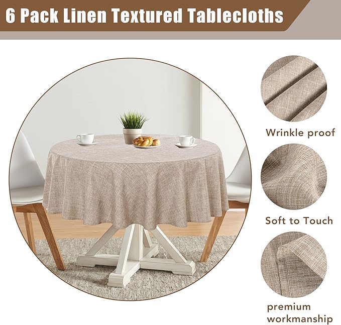 Fitable Faux Linen Round Tablecloths 60 Inches - 6 Pack Neutral Table Clothes Faux Burlap Table Covers for Kitchen, Dining Room, Party, Farmhouse, Outdoor (Great for 20"-48" Round Tables, Nature)