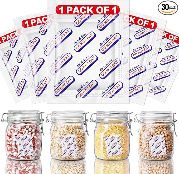 2000cc Oxygen Absorbers for Food Storage - 30 Count Individually Wrapped Oxygen Absorbers for Long Term Food Storage, Work with Mylar Bags, Mason Jars, Freeze Dryer to Dehydrated & Preserved Foods