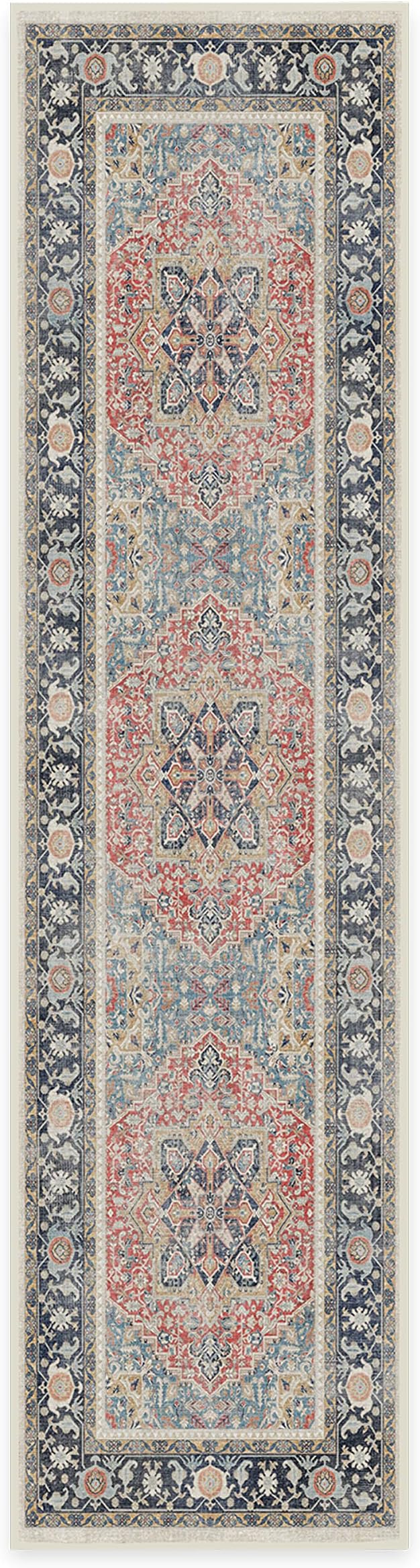 RUGGABLE Washable Vintage Runner Rug – Kamran Cayenne Red 2.5x10, Stain-Resistant, Non-Slip Hallway Runner – Machine Washable Rug for Hallway, Entryway, Living Room & Kitchen–with Cushioned Pad
