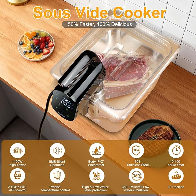 Sous Vide Cooker 2.4G WIFI, Sous Vide Machine with 30 Preset Recipes on APP & Calibration Function, 1100W Ultra-Quiet Immersion Circulator, Accurate Temperature and Time, Fast-Heating with Timer