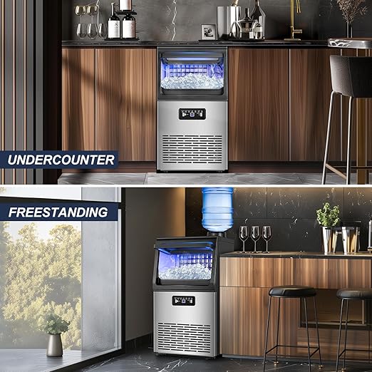 100LBS/24H High Output - Commercial Ice Maker with 20LBS Storage Bin - Dual Water Inlets, 36 Ice Cubes/Cycle, 15" Compact Undercounter/Freestanding Design - Self-Cleaning for Home Bars, Outdoor