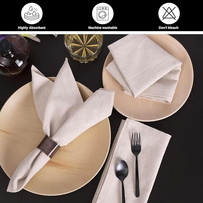 Bedding Craft Linen Flax Cotton Cloth Dinner Napkins Set of 12 – 18x18 Natural Hemstitched Reusable Fabric Napkins for Weddings, Parties, Dinners & Table Décor – Elegant & Durable