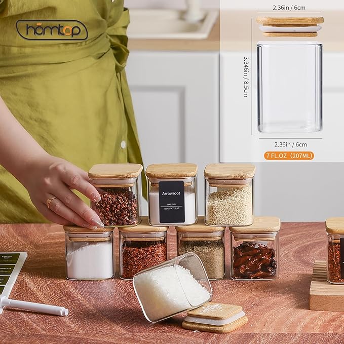 10Pcs 7oz Spice Jars Glass Container with 275 Labels, Airtight Seasoning Empty Organizer with Bamboo Lid Set for Pepper, Salt, Sugar