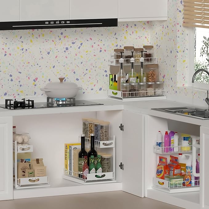 Under Sink Organizer with Pull-Out Drawers,Kitchen Sink Organizer,2 Tier Bathroom Organizers And Storage,Bathroom Accessories Set,White 1 Pack