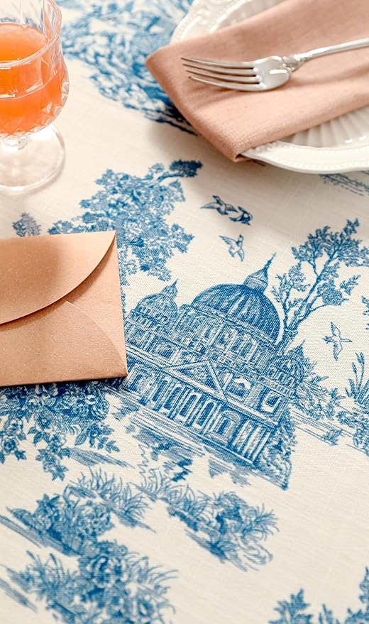 patdrea Designer Cyan Tablecloth for Rectangle Tables,Vintage Linen with Ancient Castle and Manor Pattern Tablecloths,Elegant Table Cover Cloth Decor for Kitchen Dining Christmas,63"*102"