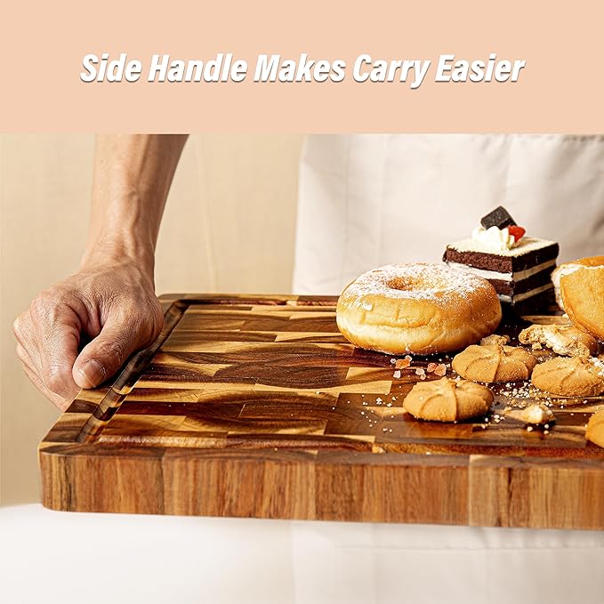 End Grain Butcher Block 15"x11", Premium Acacia Wood Cutting Board with Juice Groove, TJ POP Medium Chopping Board for Kitchen, 1.2" Thick