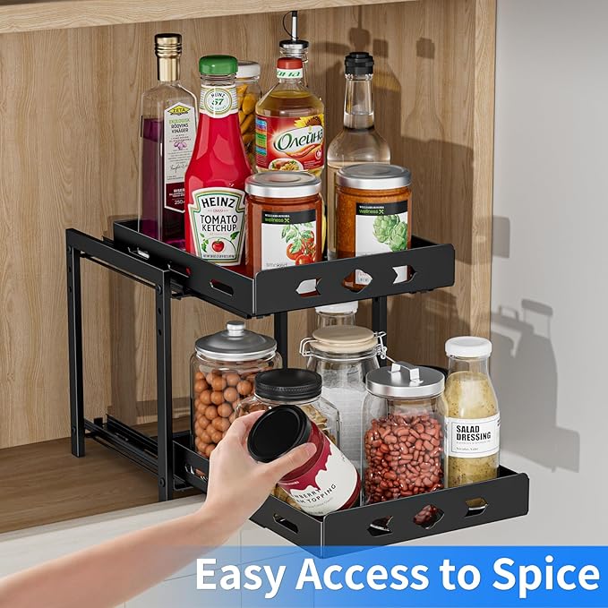 Pull Out Spice Racks for Inside Cabinets, 2-Tier Cabinet Spice Rack, Height Adjustable Spice Rack Organizer for Cabinet, Kitchen Vertical Spice Rack (9.7''Wx10.8''Dx9.2''H, Metal Black)