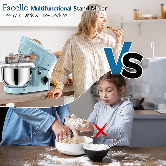 Facelle Stand Mixer, 10-Speed 6QT Kitchen Electric Mixer, Tilt-Head Food Mixer with Beater, Dough Hook, Wire Whip and Egg Separator, scraper for Most Home Cooks - Blue