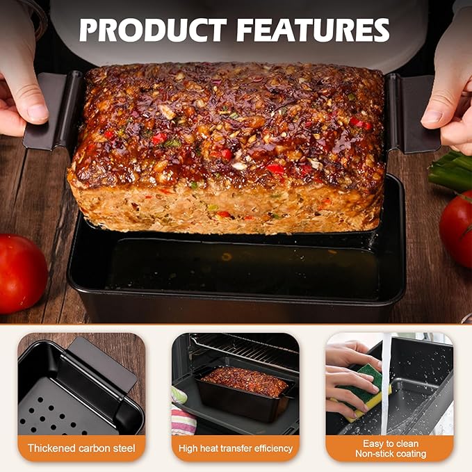 Pullman Loaf Pan with Lid + Non-Stick Meatloaf Pan with Draining Insert, Carbon Steel Bakeware with Scraper & Brush, 2LB Baking Pans for Homemade Bread & Meatloaf