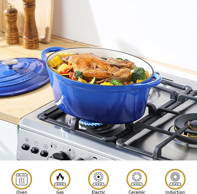 Velaze 7.5 QT Enameled Oval Dutch Oven Pot with Lid, Cast Iron Dutch Oven with Dual Handles for Bread Baking, Cooking, Frying, Non-stick Enamel Coated Cookware（Blue)