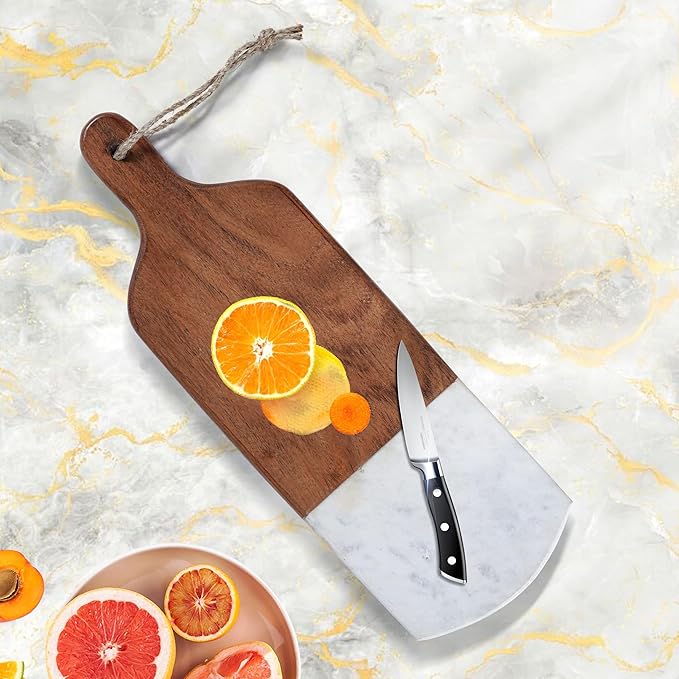Marble & Acacia Wood Cutting Board – 16.25x5.5" White Charcuterie, Cheese & Serving Tray for Bread, Steak, Fruit – Elegant Solid Chopping Board for Kitchen & Parties