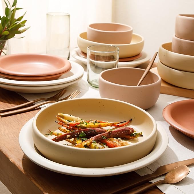 Bloomhouse - Two Time Oprah's Favorite Things Winner - Corsica Clay 16 Piece Stoneware Rustic Reactive Glaze Dinnerware Set - Stackable Plates and Bowls Set. Service for 4 - Matte Assorted Colors