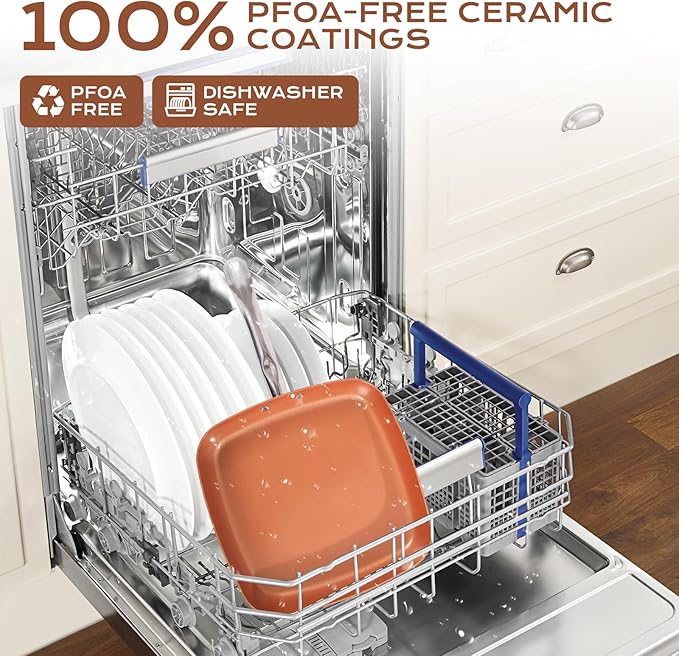 Non-Stick Copper Square Frying Pan, 12" Chef Skillet with Ceramic Coating, Oven Dishwasher Safe, PFOA-Free, Home Use for All Stoves