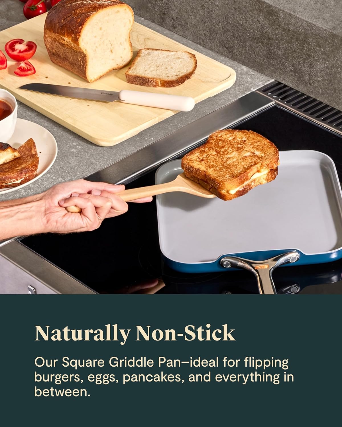 Caraway Square Griddle Pan - 11” Square Pan - Non-Stick Ceramic Coated - Non Toxic, PTFE & PFOA Free - Oven Safe & Compatible with All Stovetops - Cream