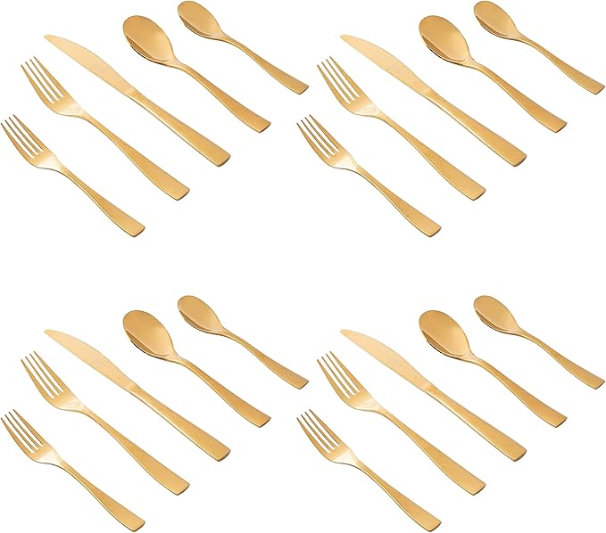 Gibson Elite Holland Road 20-PieceFlatware Silverware Set - Stainless Steel Utensils - Forks, Spoons, Knives - Service for 4 - Gold