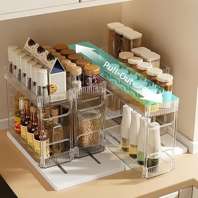 Pull Out Spice Rack Organizer for Cabinet, Rotatable 2 Tier Slide Out Seasoning Organizer and Storage Adhesive Vertical Spice Rack Shelf Pullout for Kitchen Cabinets(2 Drawer, Acrylic)
