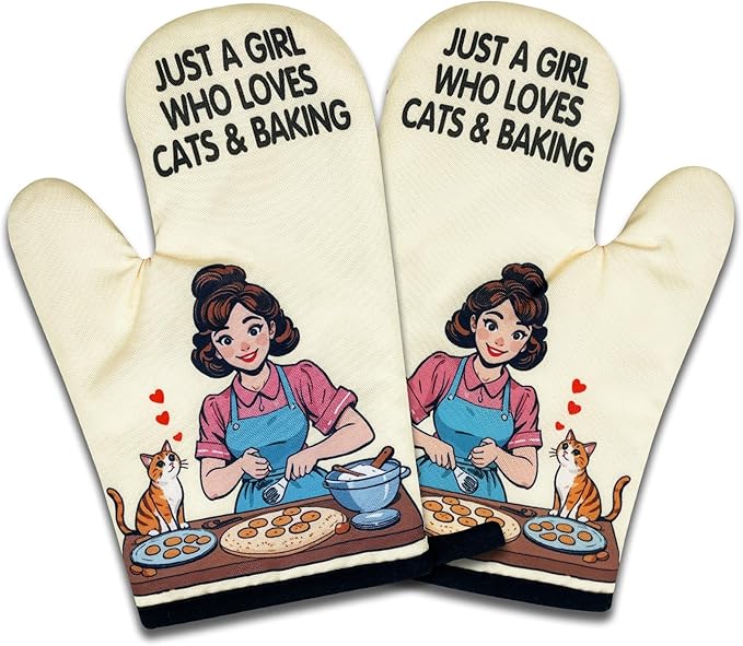 2 Pack Funny Oven Mitts for Women, Just A Girl Who Loves Cats & Baking, Vintage Lady Heat Resistant Silicone Non-Slip Mitts, Cat Lovers Gifts, Kitchen Baking Gifts for Hostess Baker Friend