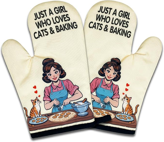 2 Pack Funny Oven Mitts for Women, Just A Girl Who Loves Cats & Baking, Vintage Lady Heat Resistant Silicone Non-Slip Mitts, Cat Lovers Gifts, Kitchen Baking Gifts for Hostess Baker Friend