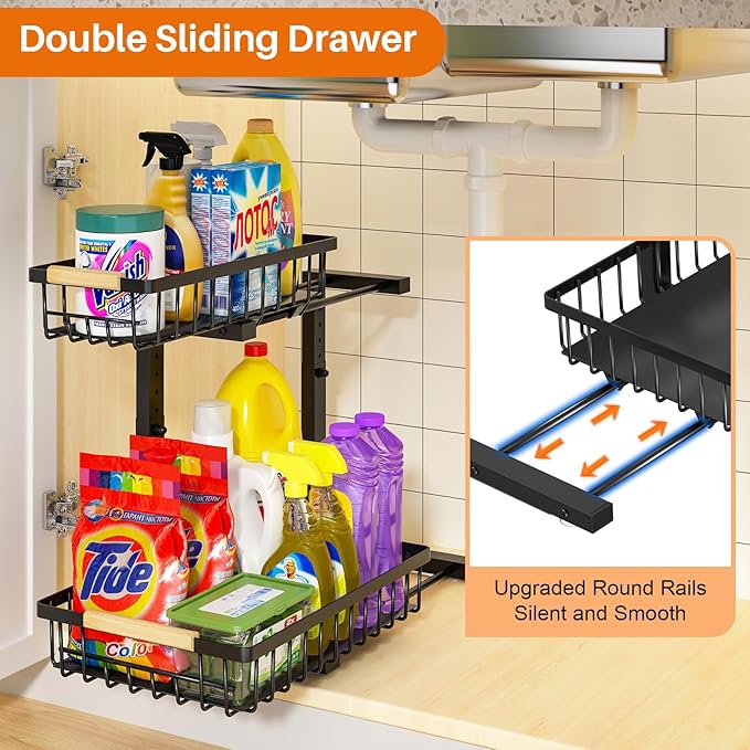 REALINN Under Sink Organizer, 2 Pack Height Adjustable Under Sink Organizers and Storage, 2 Tier Pull Out Drawer Cabinet Storage for Kitchen Bathroom