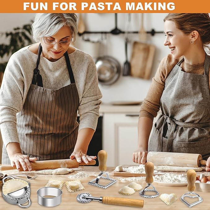Ravioli Pasta Maker Cutter with Roller Wheel (Set of 6), Ravioli Cutter Set with Wooden Handle, Ravioli Press Pasta Maker Tools for Ravioli, Pasta Making Dumplings, Lasagna, Pierogi
