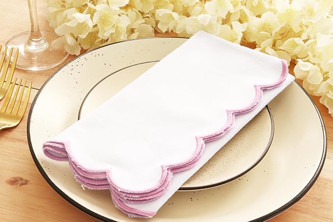 PurpleEssences Scalloped Embroidery Cloth Napkins Christmas Holiday Winter Table Decor 100% Cotton Set of 4-18 x 18 inch - White - Edges - Blush Pink