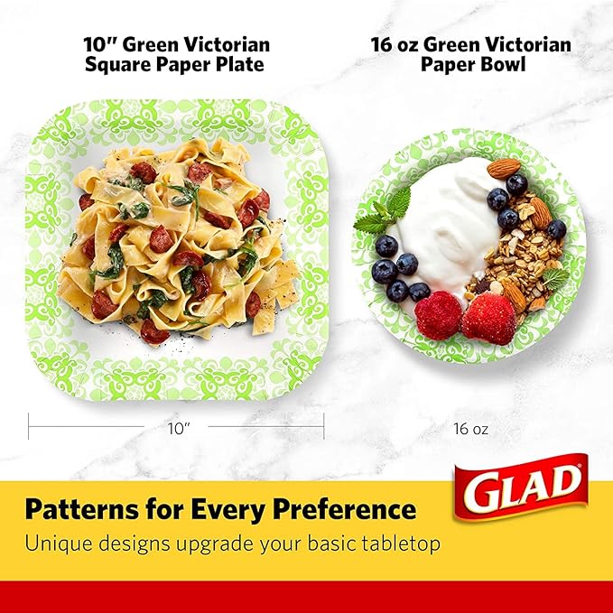 Glad Square Disposable Paper Plates, Green Victorian Pattern - Strong, Sturdy, Soak Proof, and Microwavable Decorative Plates for Dinner and Everyday Use, 10 Inch, 50 Count - 6 Pack