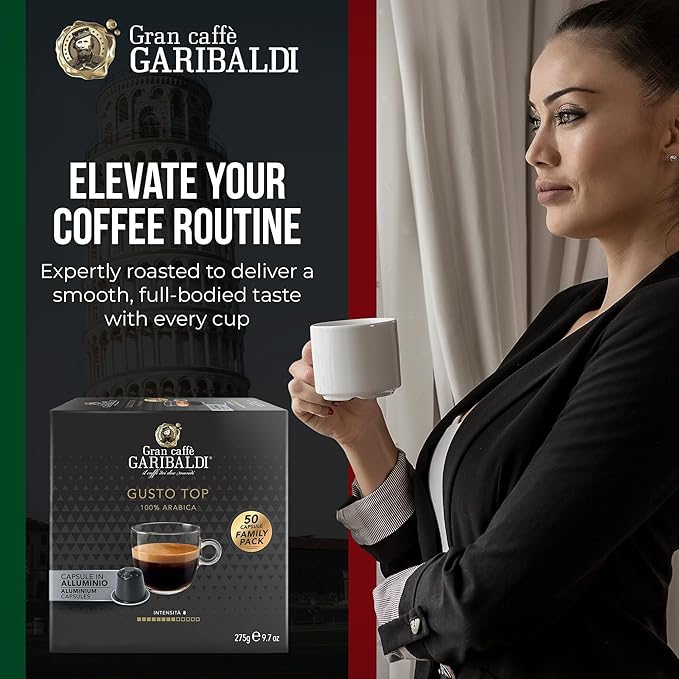 Gran Caffè Garibaldi Espresso Pods, Italian Roasted Compatible Nespresso Original Line Machines, 100% Arabica Blend, Brazilian & Central American Beans, Cocoa Aroma - Gusto Top (Aluminum) 50 Cups