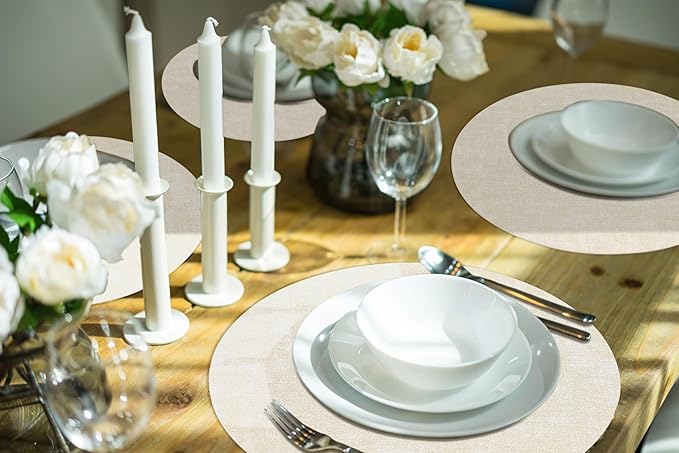 homing Round Faux Leather Placemat and Coaster 4 Packs, Washable Heat Resistant Dining Place Mats, Wipeable Double-Sided Table Mats for Indoor and Outdoor, Diameter 13 and 3.93 inch, Beige